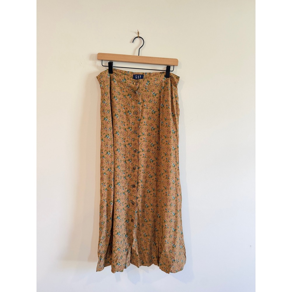 Vintage Gap Floral Button Front Maxi Skirt Tan Rayon Boho 90s Womens 14 Prairie